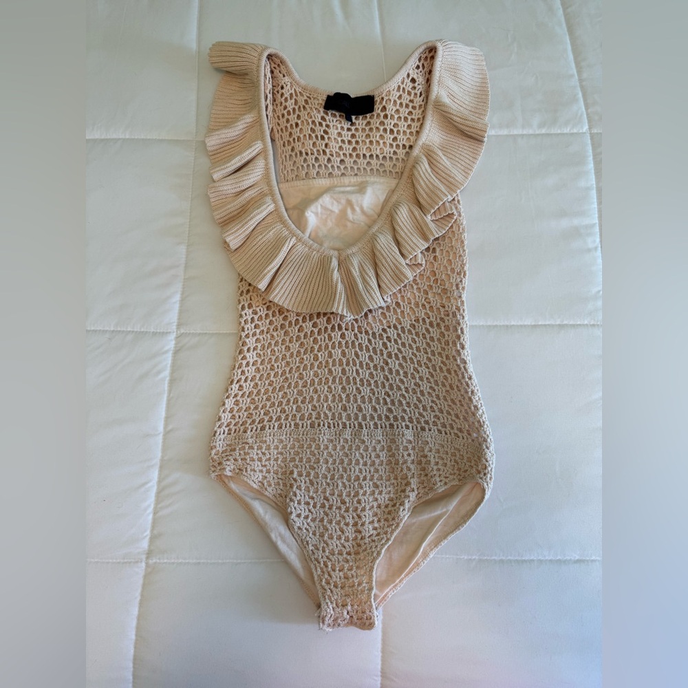 XS Crochet Ruffle Jersey Bandeau Bodysuit in Tea KENDALL + KYLIE